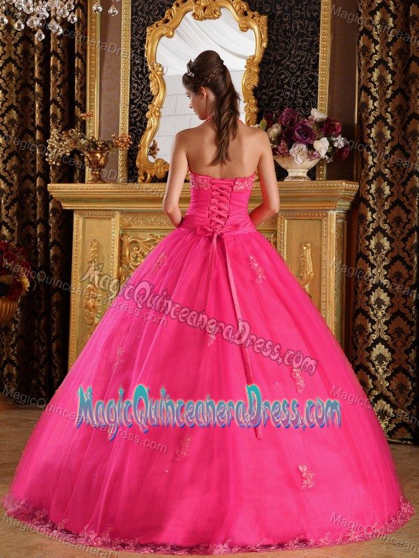 Halter Floor-length Hot Pink Sweet 15 Dresses with Appliques in Camarillo