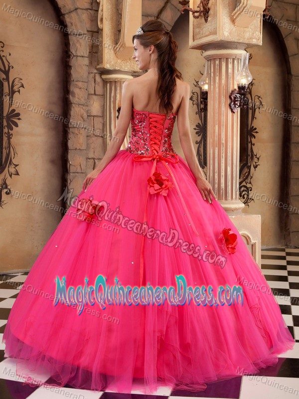 Coral Red Strapless Quinceanera Gown with Beading and Flowers in Chino