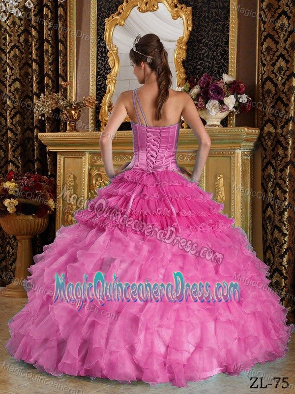 Hot Pink One Shoulder Floor-length Quince Dresses with Ruffles in Orlando