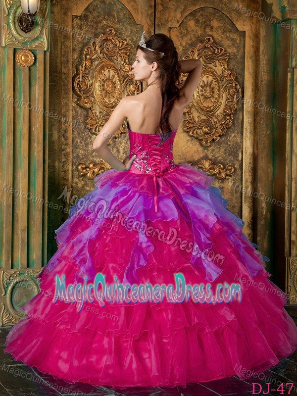 Attractive Strapless Hot Pink Beaded Quince Dresses with Ruffles in Tampa