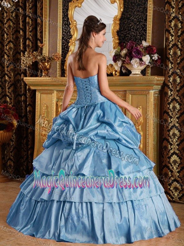 Strapless Sky Blue Beaded Quinceanera Dresses with Ruffles in Marietta
