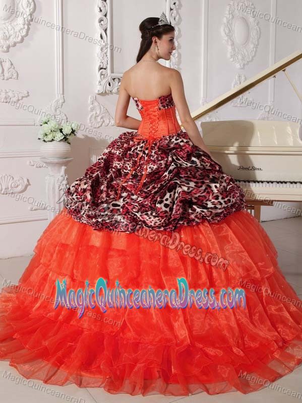 Sweetheart Leopard Appliqued Quince Dresses with Brush Train and Pick Ups