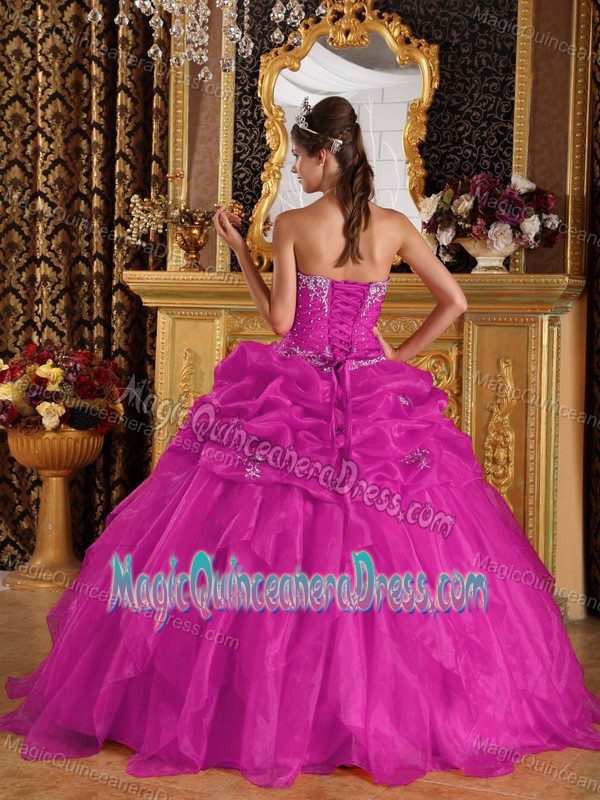 Fuchsia Sweetheart Appliqued Beaded Sweet 16 Dresses with Pick Ups Ruffles