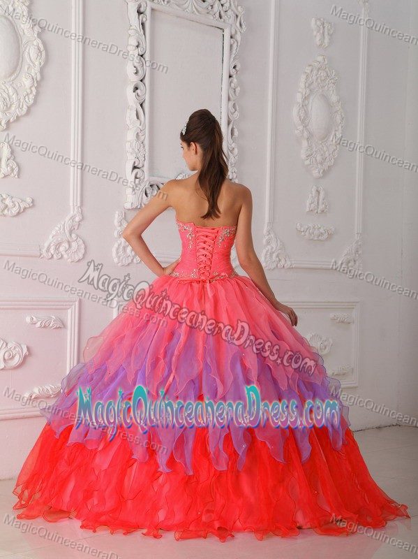 Watermelon Sweetheart Beaded Sweet 16 Dresses with Ruffles in Augusta