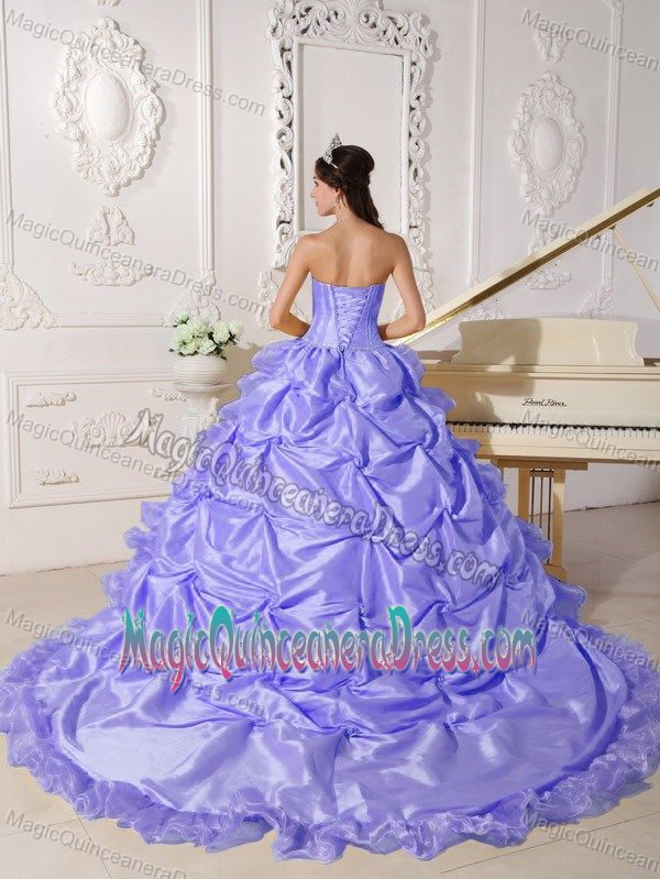 Exclusive Strapless Lilac Beaded Taffeta Quinceanera Gowns with Chapel Train
