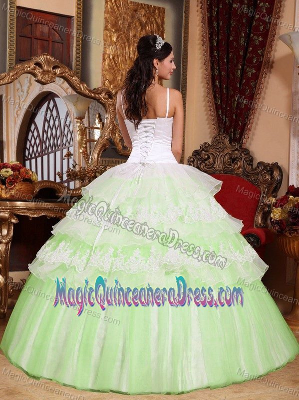 Attractive Straps Yellow Green and White Quinceanera Dresses with Ruffles