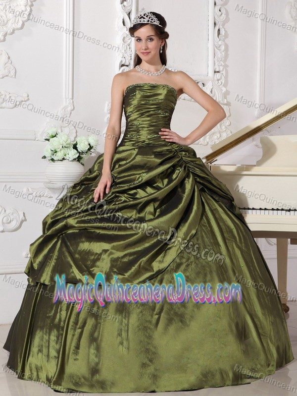 Gorgeous Strapless Olive Green Beaded Sweet 16 Dresses with Pick Ups