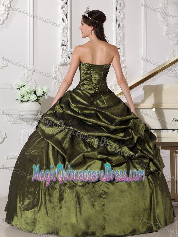 Gorgeous Strapless Olive Green Beaded Sweet 16 Dresses with Pick Ups