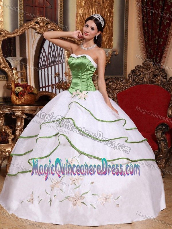 Spring Green and White Strapless Embroidered Quinceanera Dresses with Ruffles