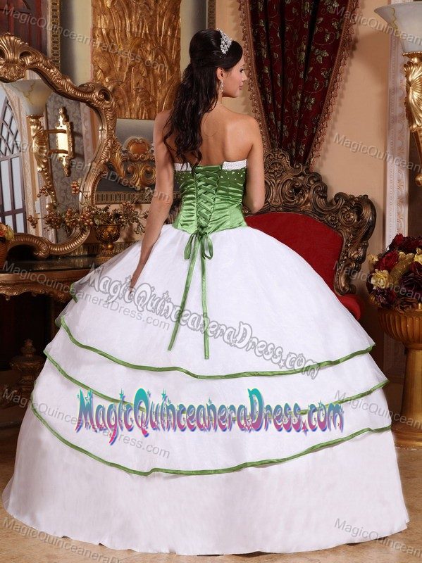 Spring Green and White Strapless Embroidered Quinceanera Dresses with Ruffles