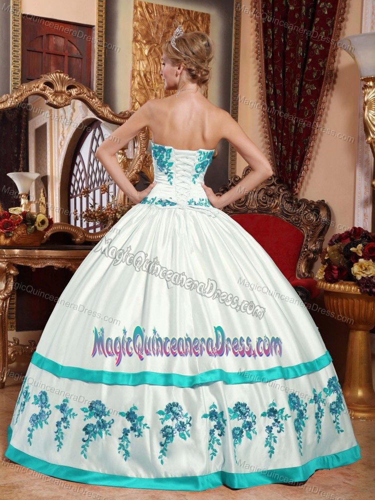 Turquoise and White Sweetheart Appliqued Quinceanera Gowns in Albany