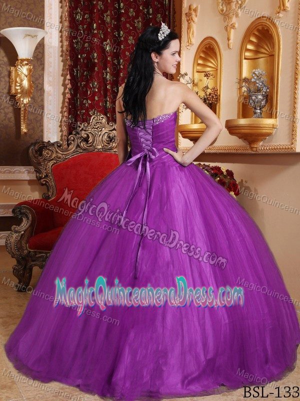 Eggplant Purple Sweetheart Tulle Sweet 16 Dress with Beading and Pink Bowknot