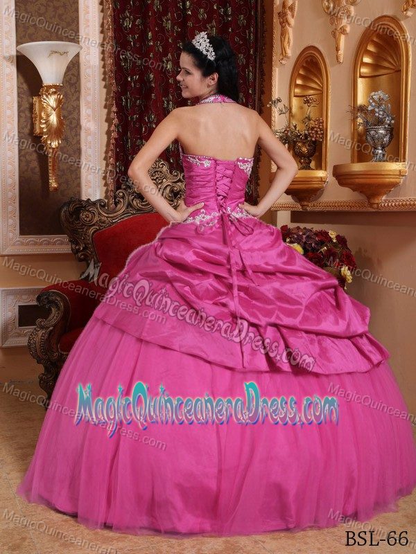 Halter Appliqued Rose Pink Senior Quinceanera Dresses with Pick Ups in Bridgeport