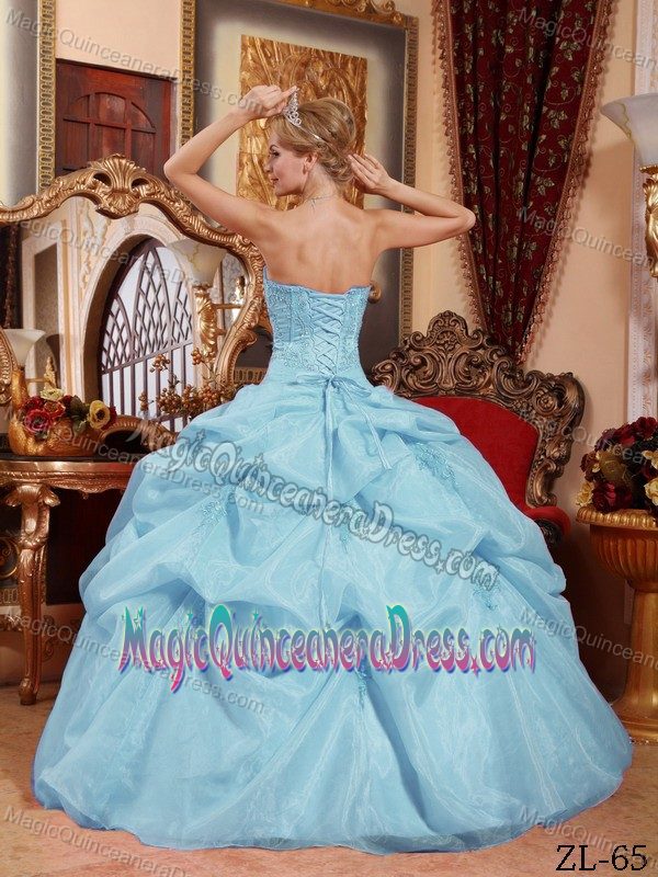 Popular Strapless Appliqued Floor Length Quinceanera Gowns Sky Blue in fort Collins
