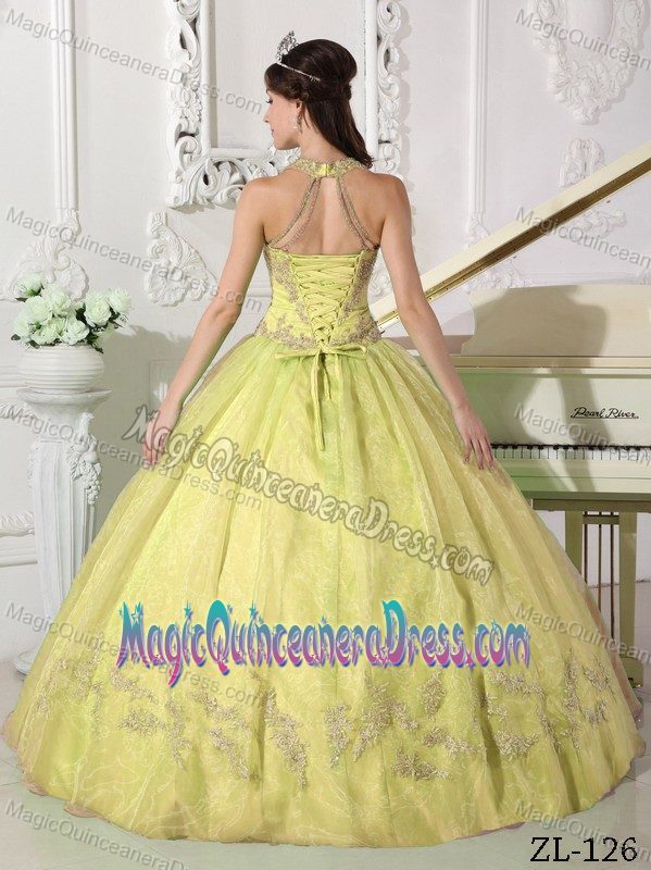 Halter Light Yellow Appliqued Elegant Quinceanera Gown Dresses in Estes Park