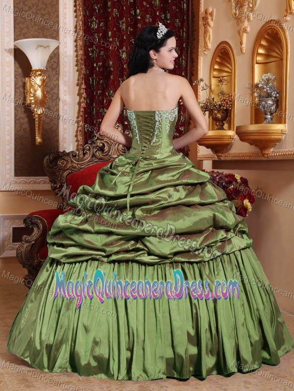 Elegant Olive Green Strapless Appliqued Senior Quinceanera Gowns with Pick Ups