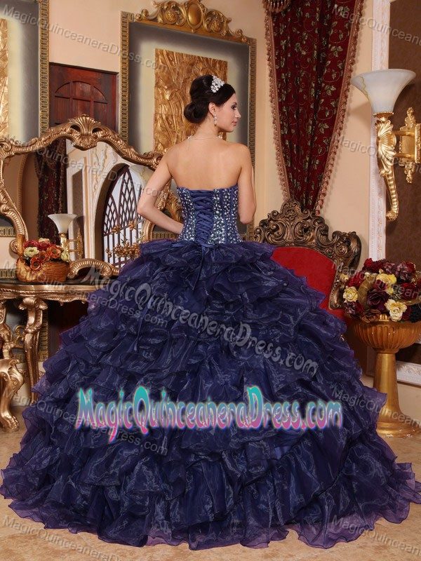 Navy Blue Sweetheart Long Sweet Sixteen Dress with Sequins and Ruffles