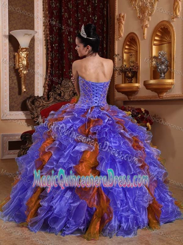 Colorful Strapless Floor-length Quinceanera Dress with Beading and Ruffles
