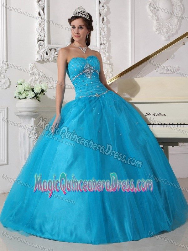Simple Strapless Teal Beaded Full-length Quinceanera Gown Dress in Elgin