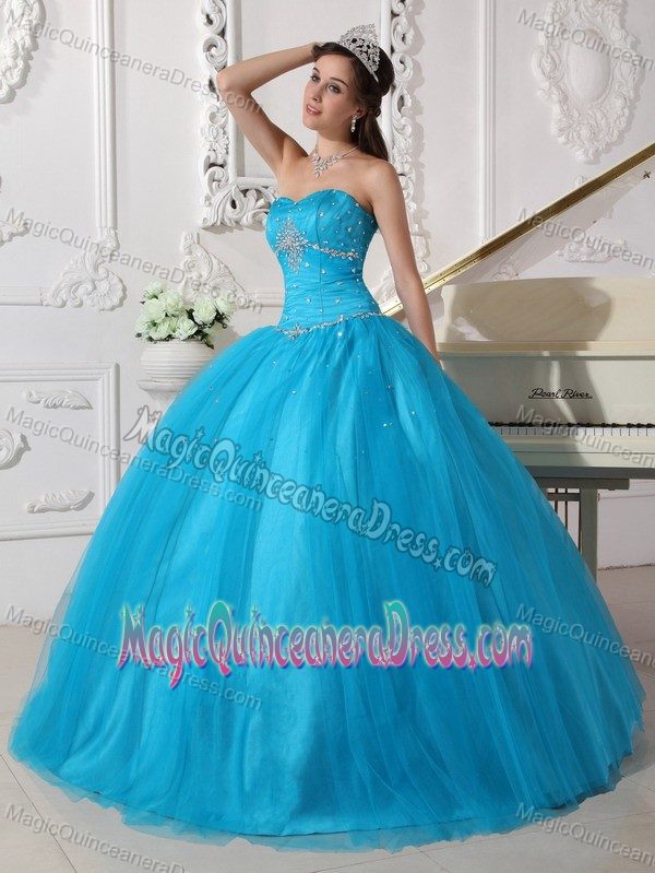 Simple Strapless Teal Beaded Full-length Quinceanera Gown Dress in Elgin