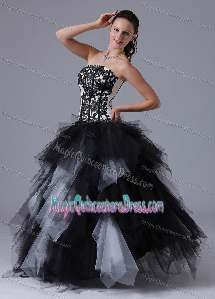 Black and White Strapless Quinceanera Gowns with Embroidery and Ruffles