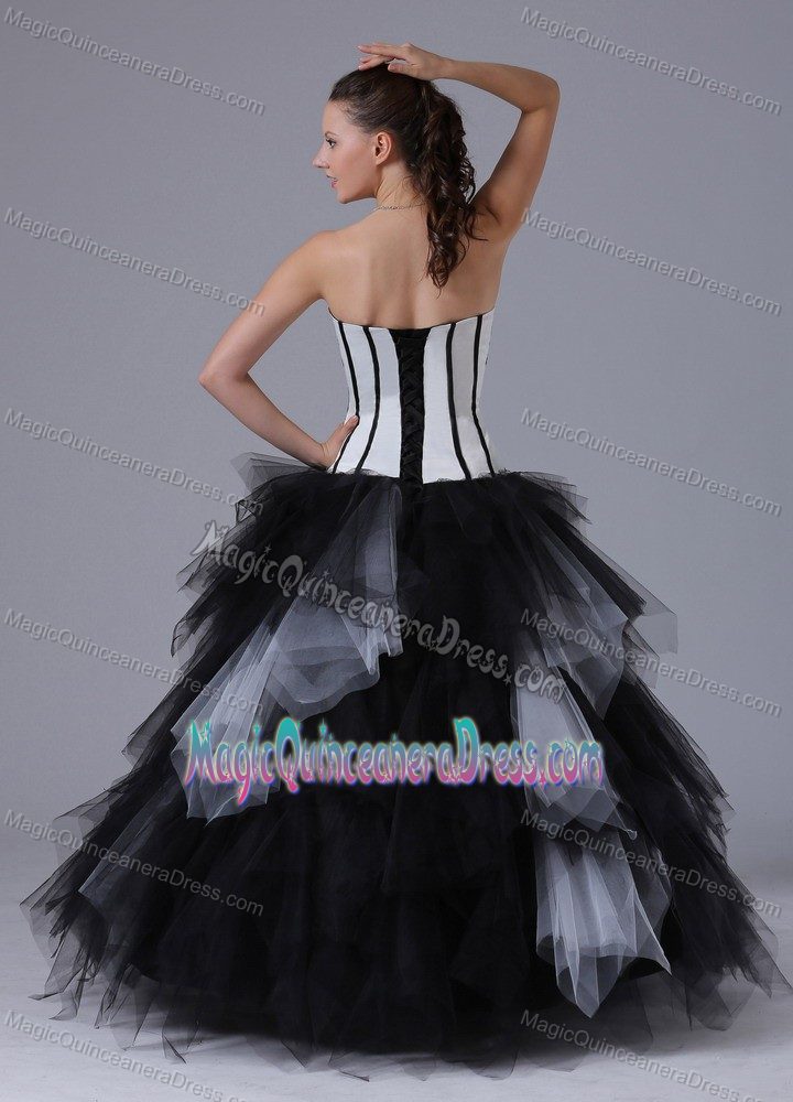 Black and White Strapless Quinceanera Gowns with Embroidery and Ruffles
