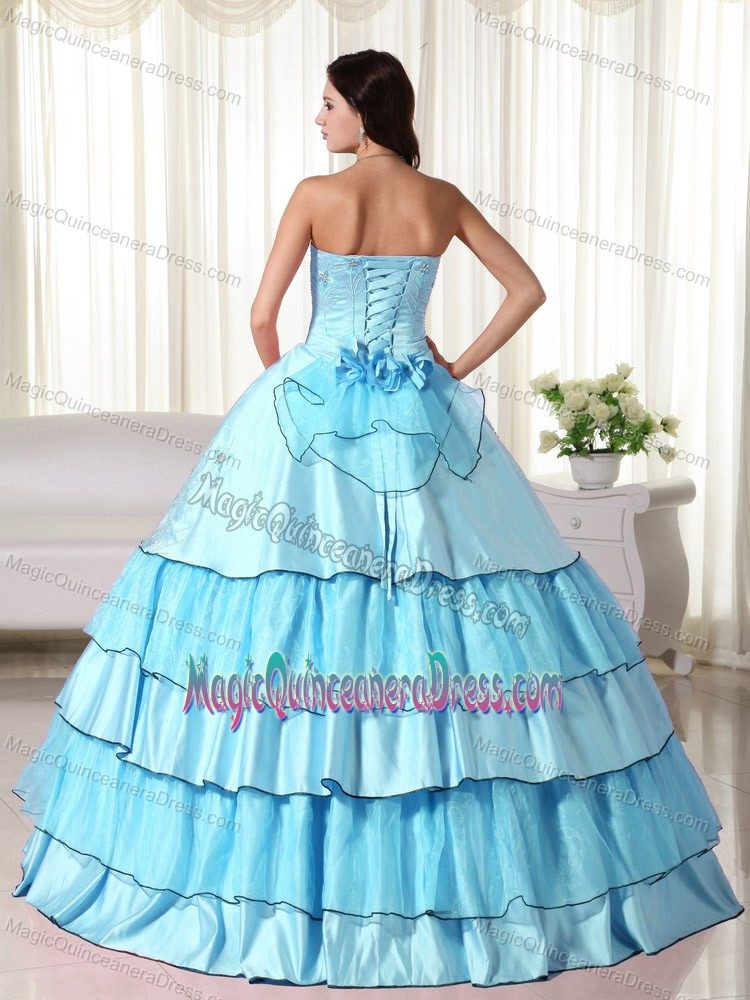 Baby Blue Beaded Strapless Floor-length Sweet Sixteen Dress with Flowers