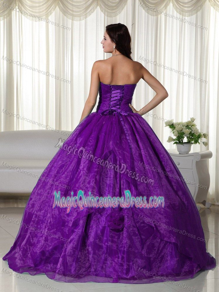 Modest Purple Strapless Full-length Dresses For Quinceanera with Flowers
