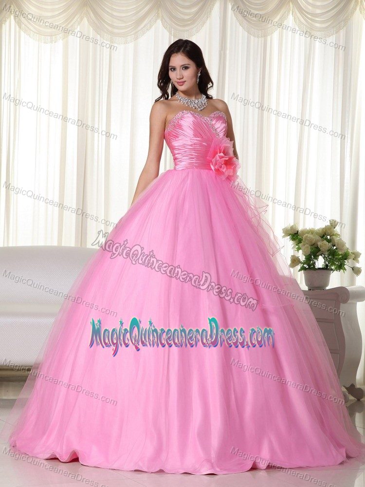 Rose Pink Beaded Sweetheart Floor-length Quinceanera Gown with Flower