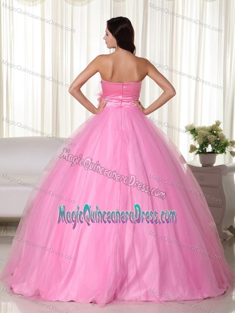 Rose Pink Beaded Sweetheart Floor-length Quinceanera Gown with Flower