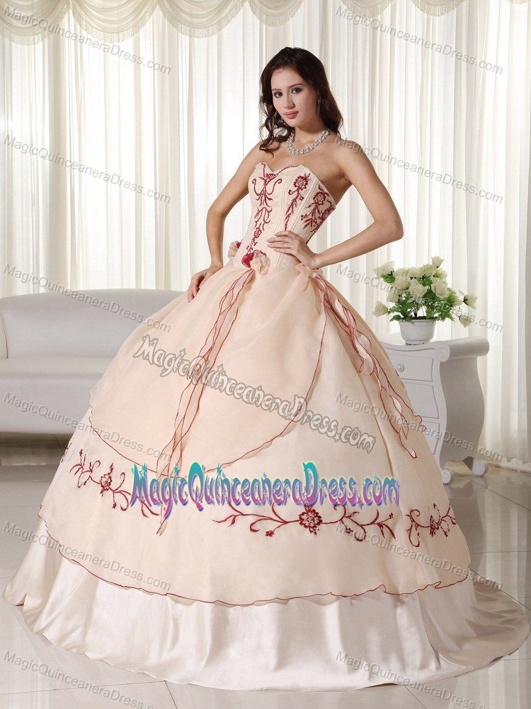 Champagne Sweetheart Long Quince Dresses with Embroidery and Flowers