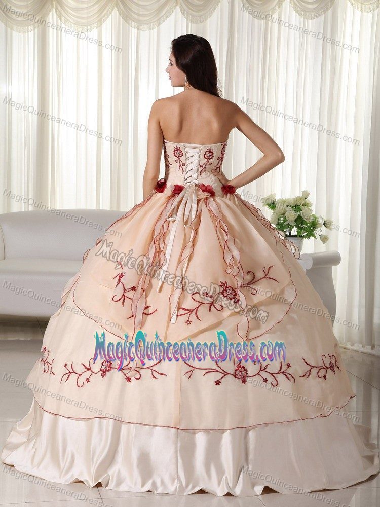 Champagne Sweetheart Long Quince Dresses with Embroidery and Flowers