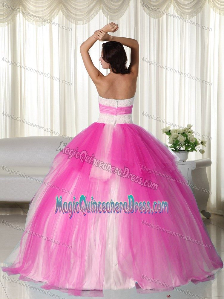 White and Hot Pink Strapless Long Dress For Quinceanera with Appliques