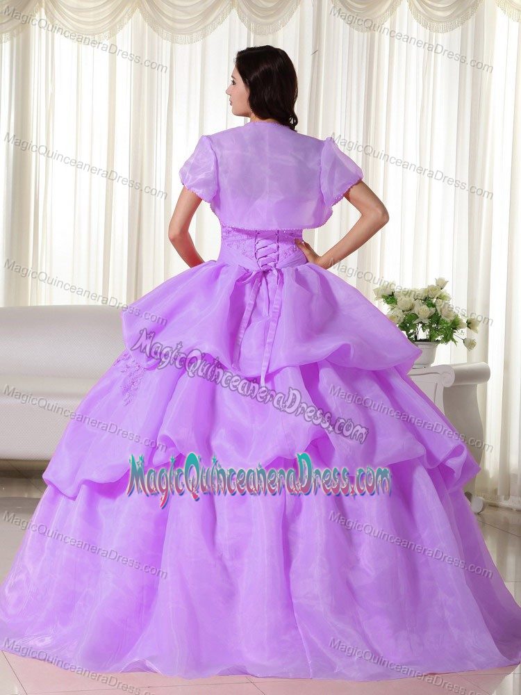 Pretty Lilac Beaded Strapless Long Quince Dress with Flowers and Pick-ups