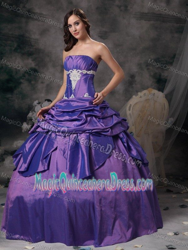Lavender Lace-up Ruched Long Quince Dress with Pick-ups and Appliques