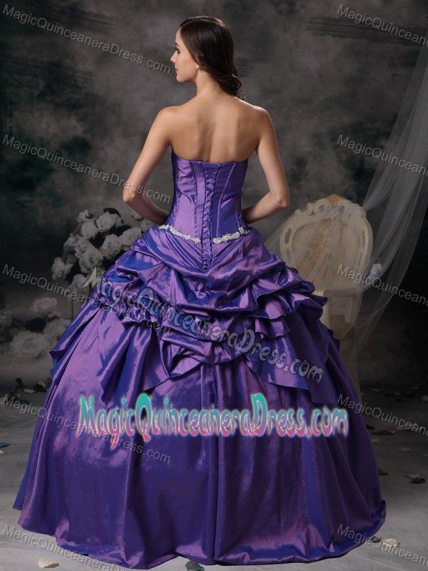 Lavender Lace-up Ruched Long Quince Dress with Pick-ups and Appliques