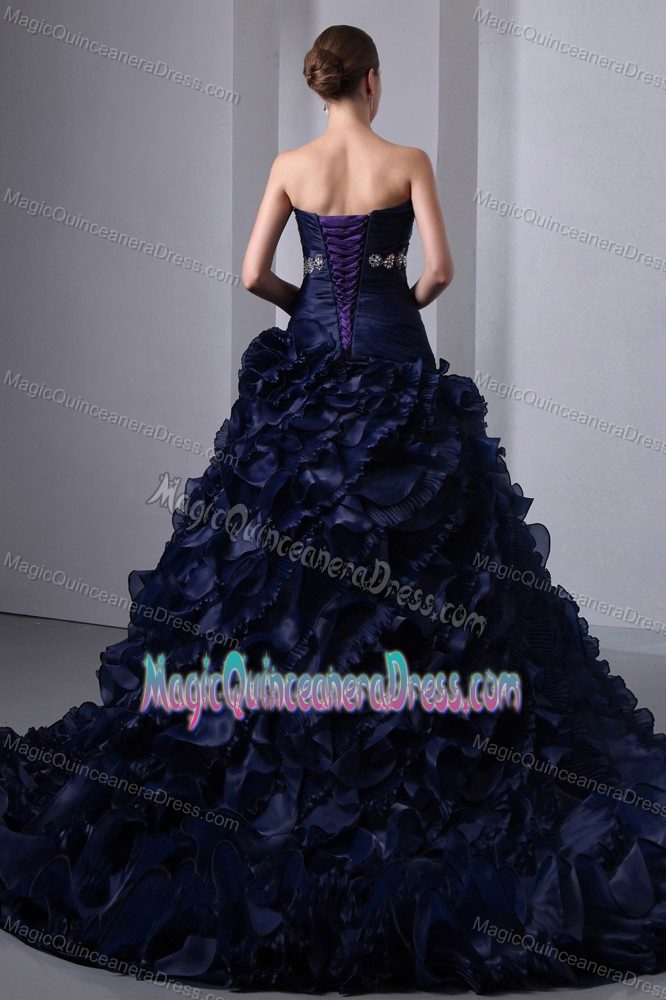 Elegant Navy Blue Lace-up Beaded Brush Quinceanera Gowns with Ruffles