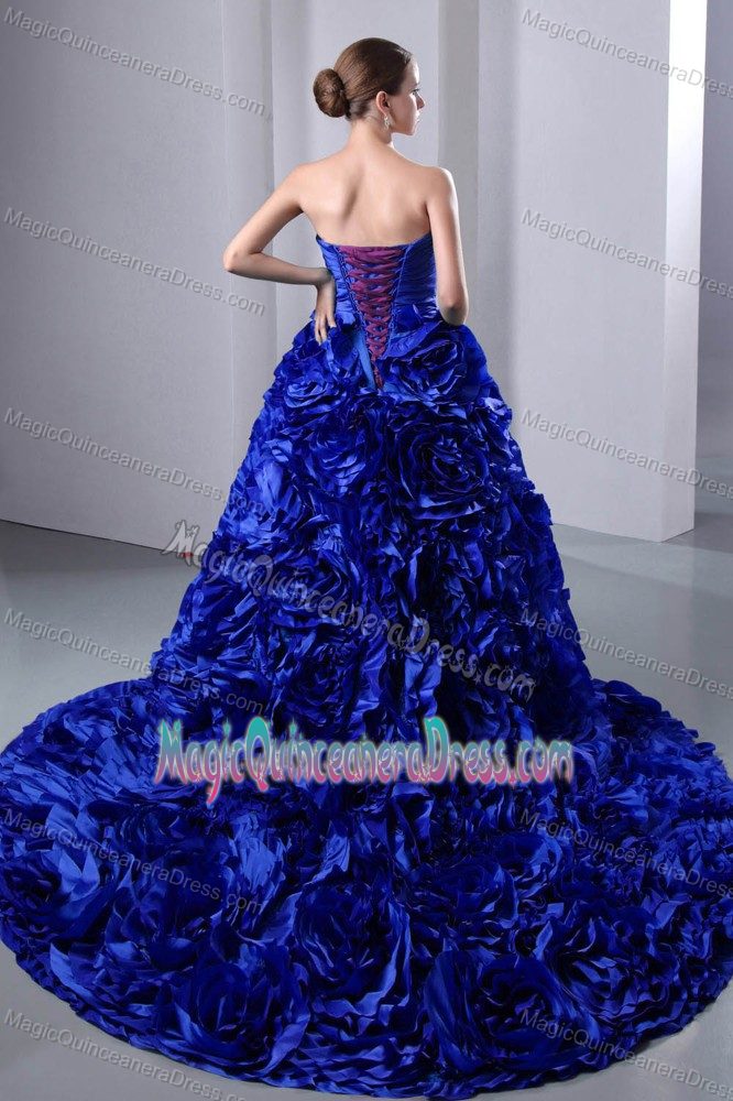 Royal Blue Ruched Sweetheart Brush Dress For Quinceanera with Flowers