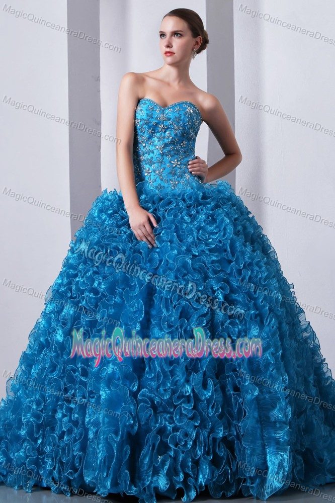 Blue Beaded Sweetheart Brush Train Quinceanera Gown Dress with Ruffles
