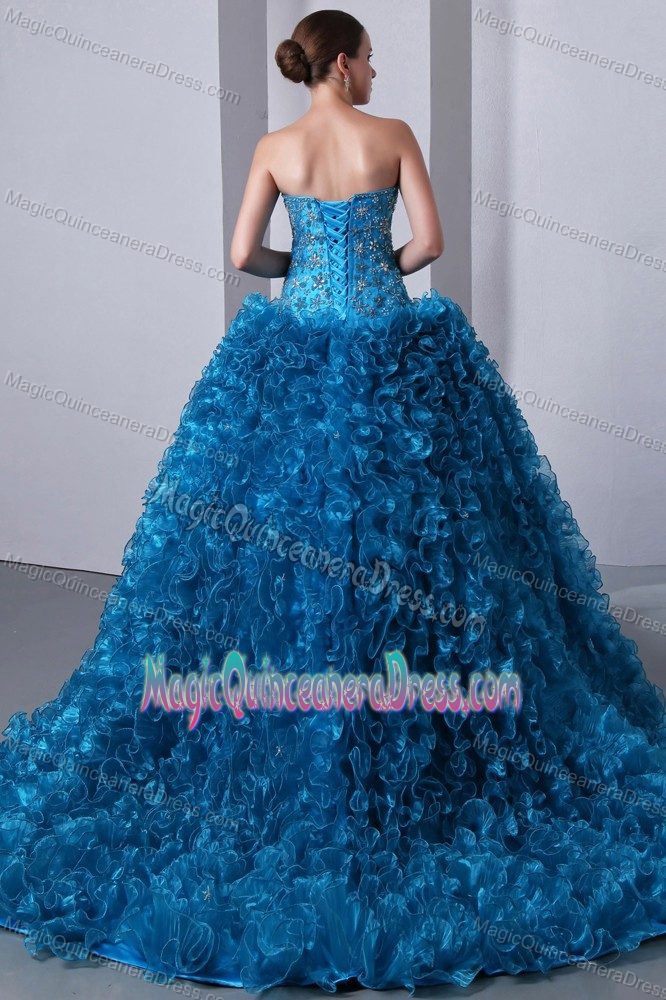 Blue Beaded Sweetheart Brush Train Quinceanera Gown Dress with Ruffles