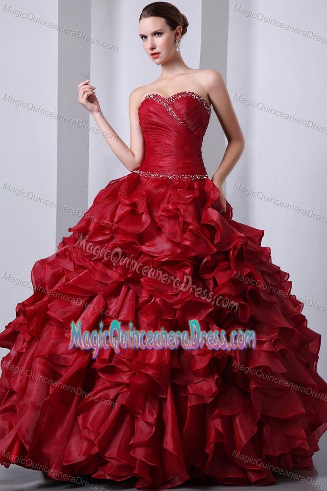 Sweetheart Wine Red Beaded Long Quince Dresses with Ruffles in Skokie