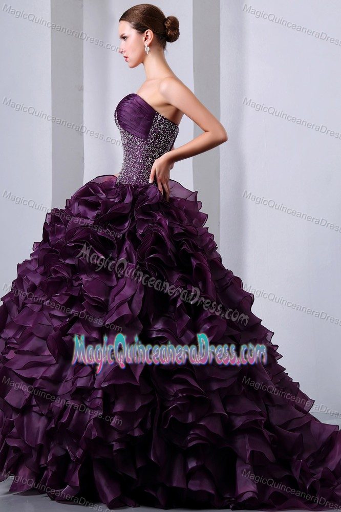 Elegant Purple Sweetheart Long Quinces Dresses with Beading and Ruffles