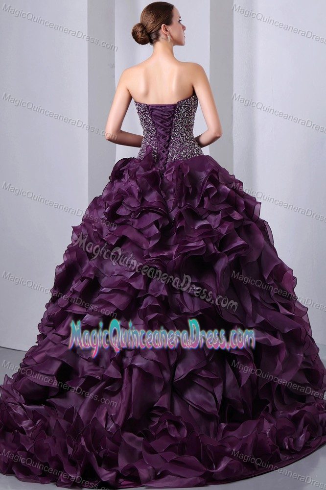 Elegant Purple Sweetheart Long Quinces Dresses with Beading and Ruffles