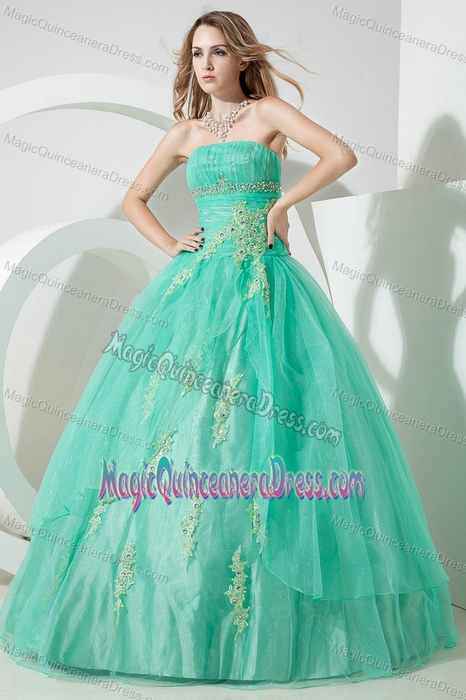 Apple Green Ruched Strapless Long Quinceaneras Gown Dress with Appliques