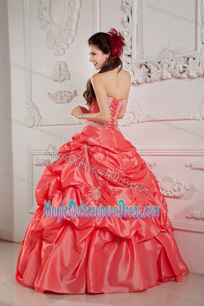 Watermelon Beaded Strapless Long Dresses For Quinceanera with Pick-ups
