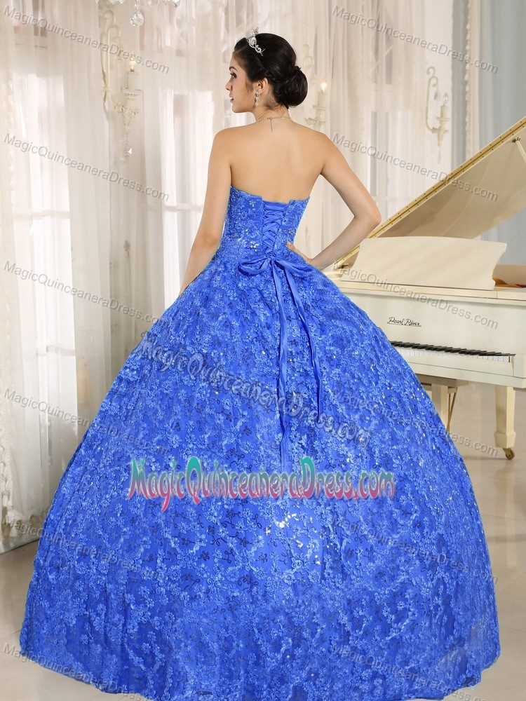 Pretty Sweetheart Blue Long Quinces Dresses with Sequins and Embroidery
