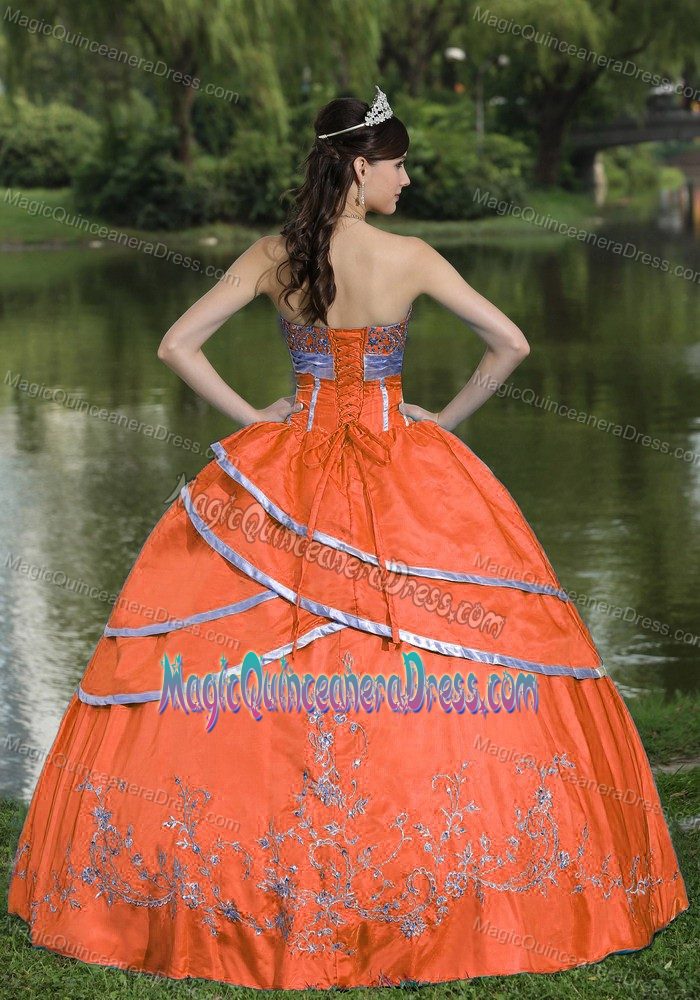 Orange Red Strapless Floor-length Dress For Quinceanera with Embroidery