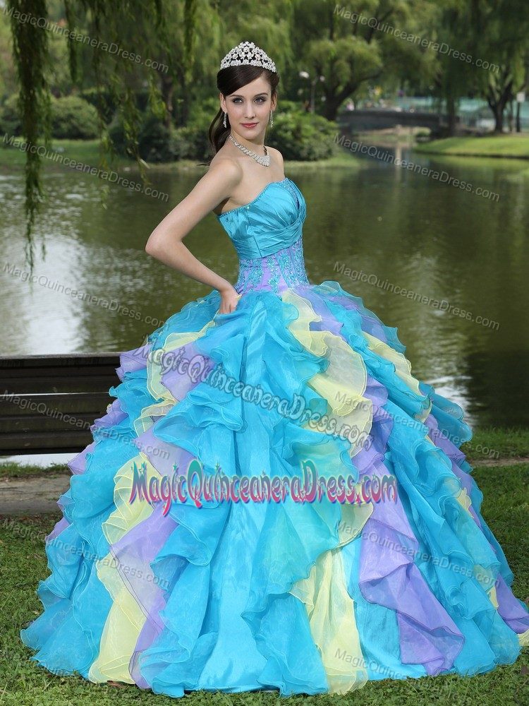 Colorful Appliqued Strapless Floor-length Quinces Dresses with Ruffle-layers