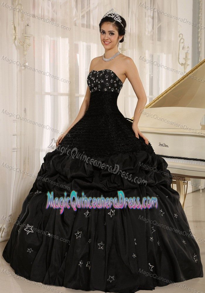 Black Appliqued Strapless Full-length Quince Dresses with Pick-ups in Lisle