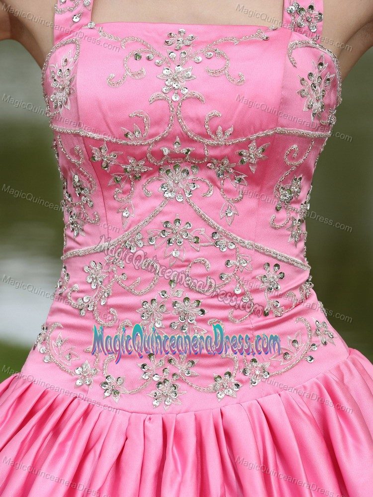 Rose Pink Unique Halter Beaded Long Quinceanera Gown with Embroidery